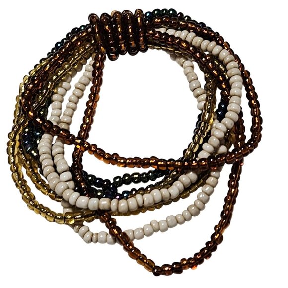 Boho Beaded Multi Strand Stretch Bracelet White Gold Brown Seed Beads Jewelry - Picture 1 of 4